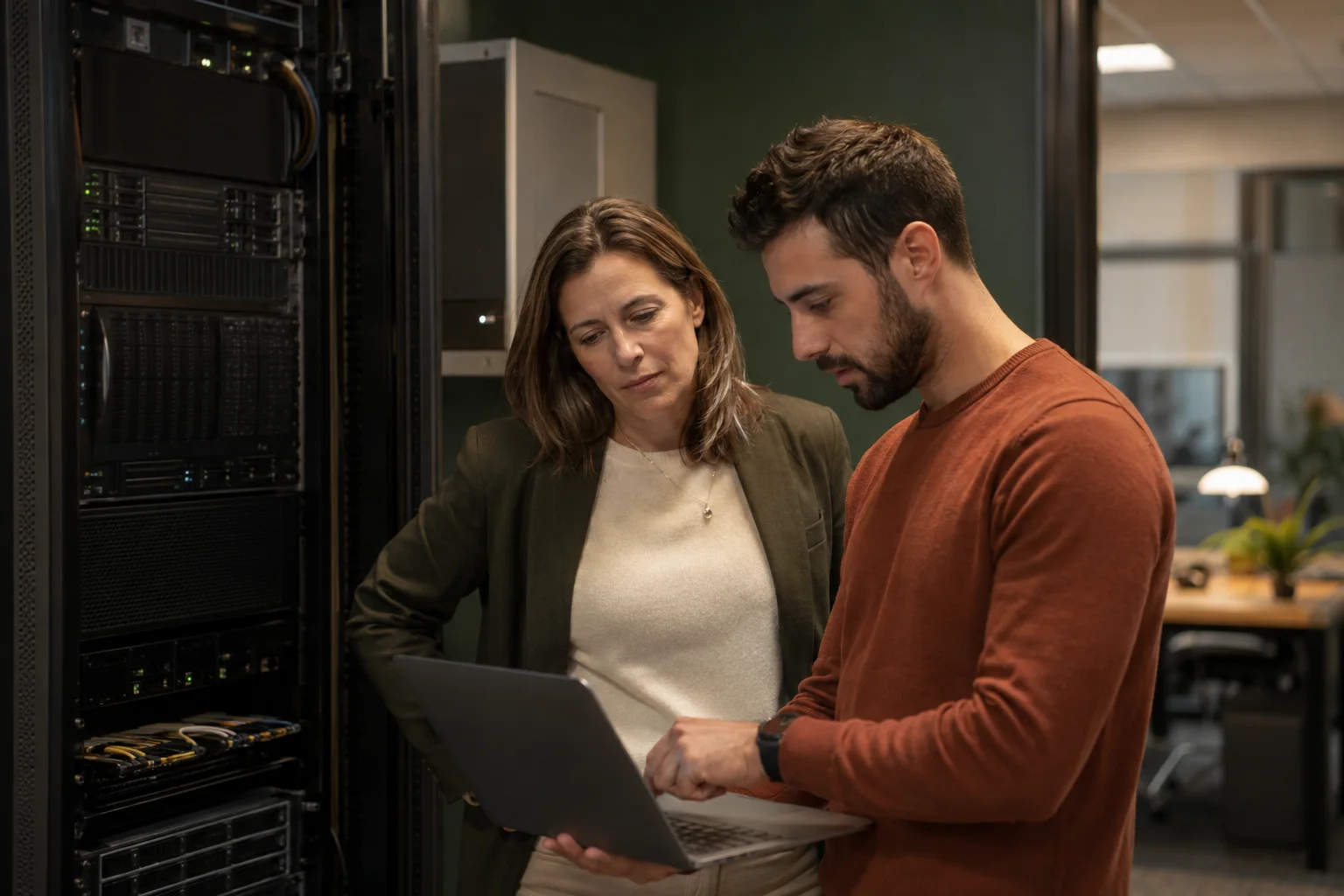 Especialista en TI y líder de operaciones revisando equipos de computación de negocios seguros