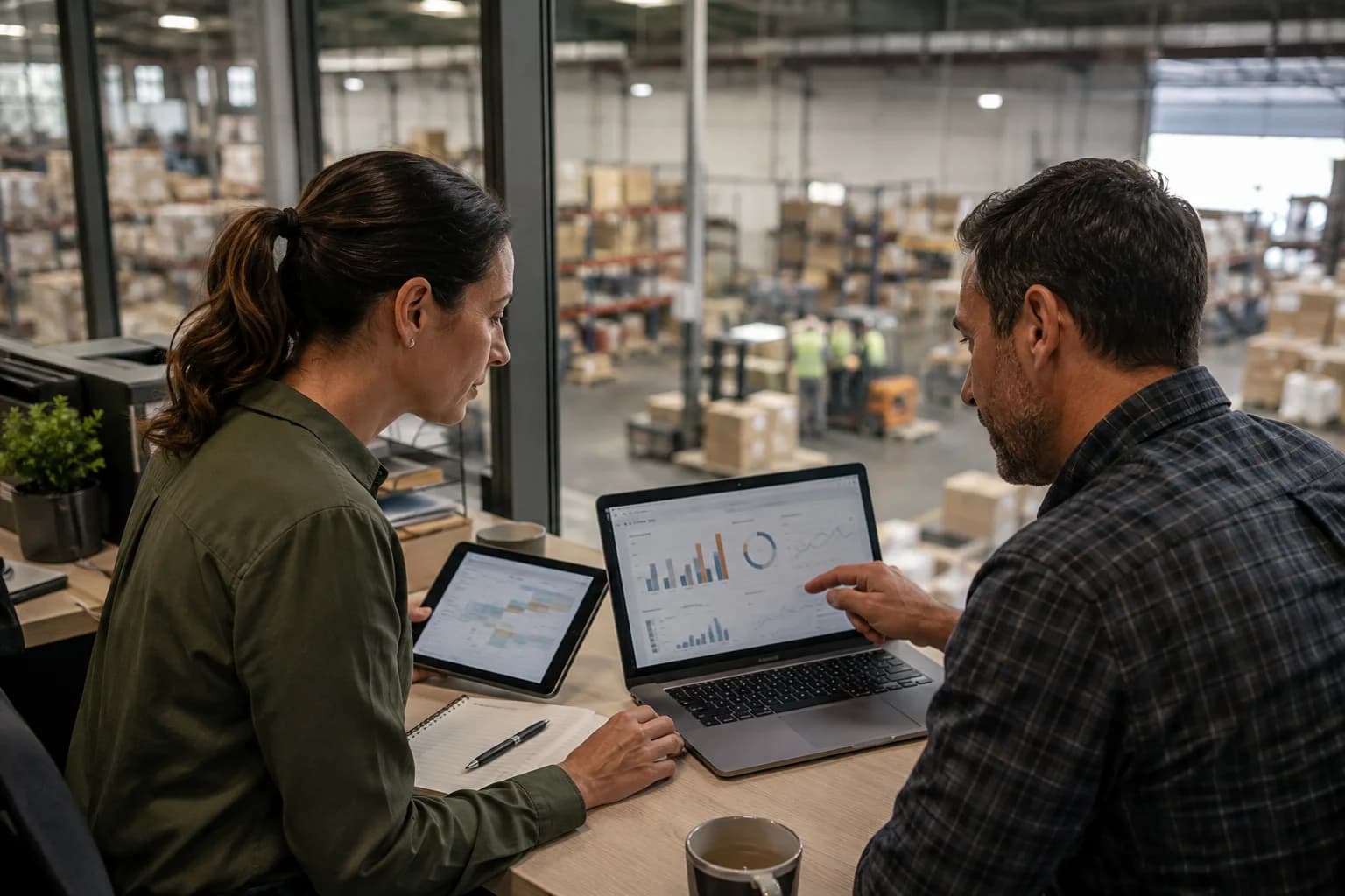 Jefe de operaciones y especialista en tecnología revisando la información comercial relacionada