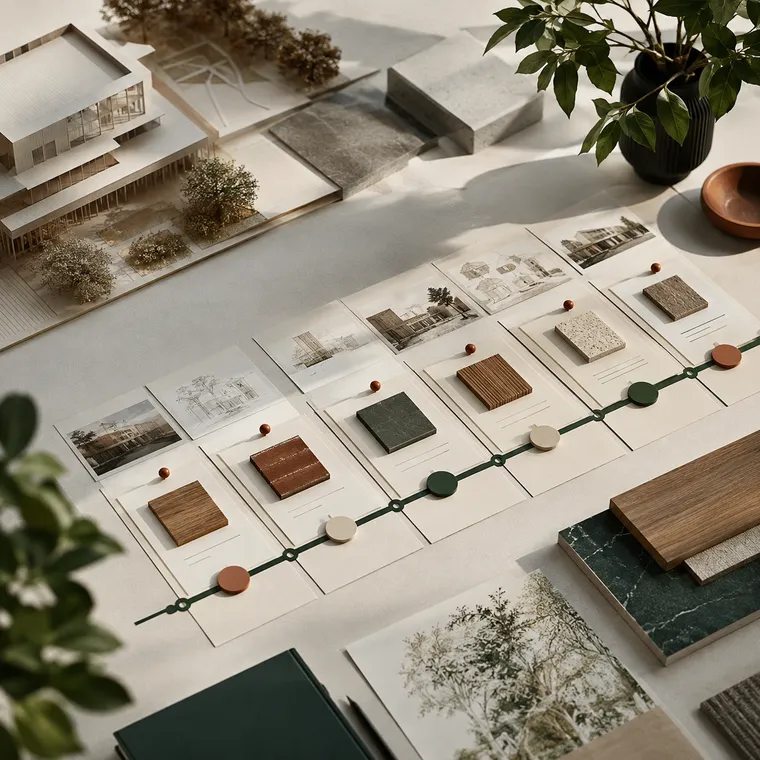 Project timeline with plans and material samples