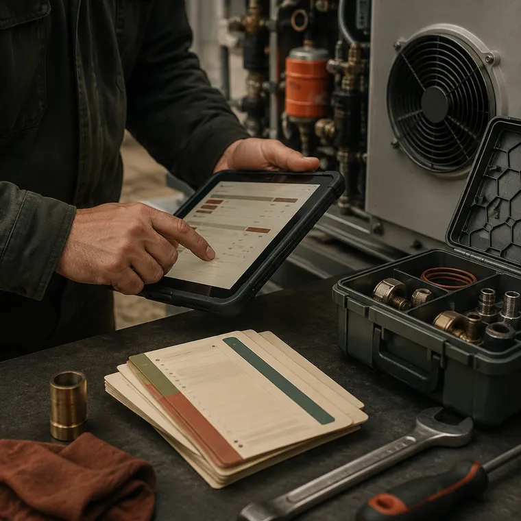 Técnico de campo coordinando el trabajo con herramientas, piezas y tabletas