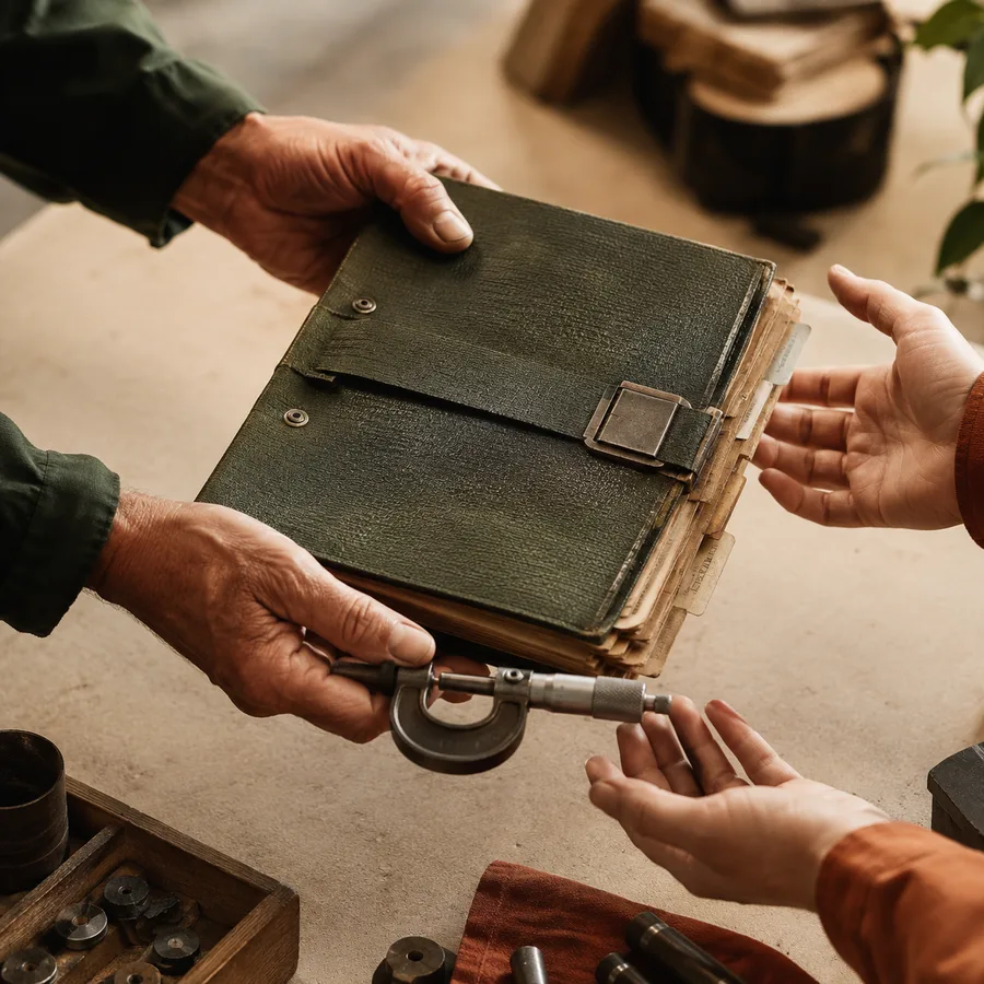 Experienced hands passing a process binder and precision tool
