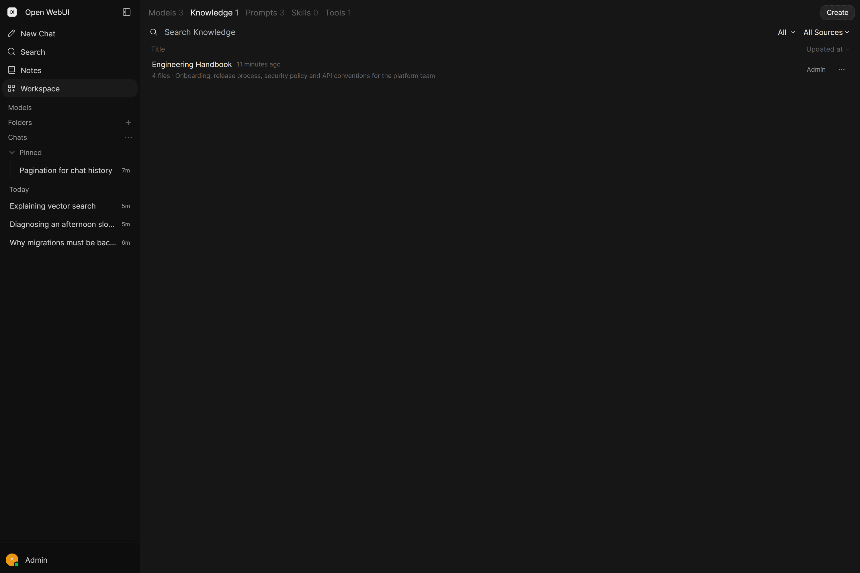 Pantalla de gestión de base de conocimiento Open WebUI