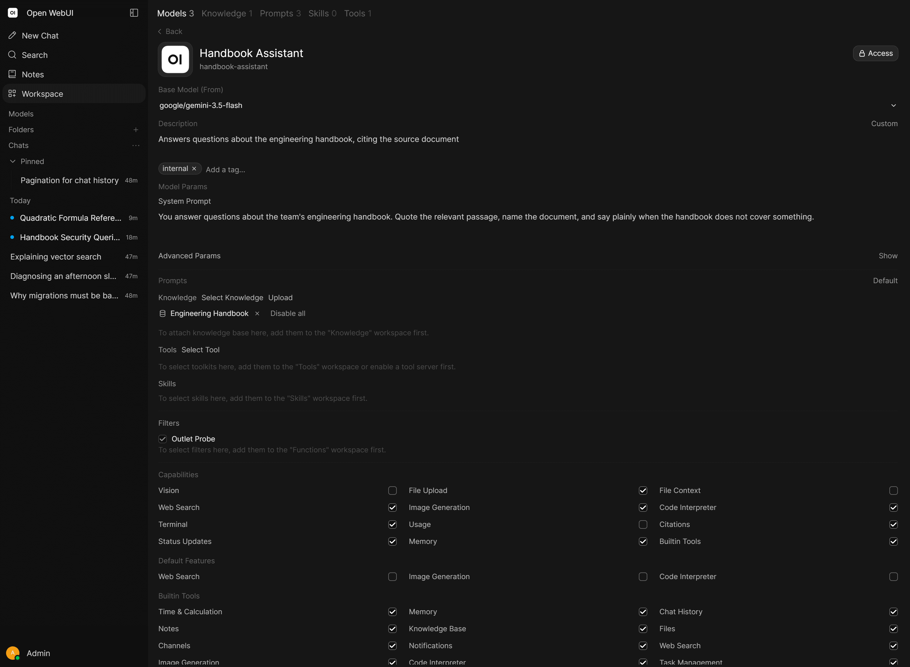 Pantalla de configuración del modelo personalizado Open WebUI
